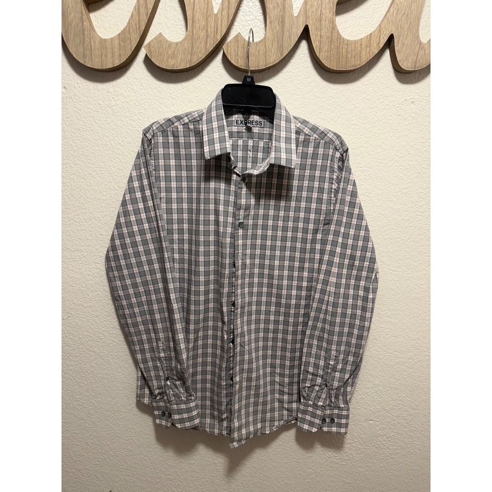Express Mens Grey Orange Plaid Long Sleeve Button Down Shirt Size Medium 15-15.5